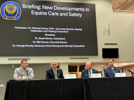 (L-R): Drs. Michael Hardy, George Mundy, Stuart Brown, and Will Farmer speak during a New Developments in Equine Care and Safety during the Association of Racing Commissioners International Annual Meeting