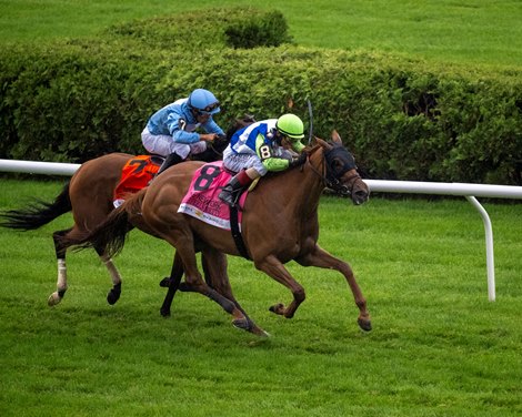 She Feels Pretty with John R. Velazquez wins the New York S. Presented by Rivers Casino (Grade I) at Saratoga Race Course in Saratoga Springs, NY., on June 6, 2025.