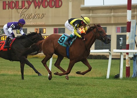 Laurelin #9 with Jorge Ruiz riding won the $150,000 Penn Oaks at Penn National Racecourse in Grantville, Pa. on Friday June 27, 2025 beating out Candy Quest #7 with Javier Castellano aboard. Photo By Taylor Ejdys/EQUI-PHOTO