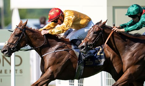 Cercene ( Gary Carroll,left) wins the Coronation Stakes from Zarigana<br>
Royal Ascot 20.6.25 Pic: Edward Whitaker