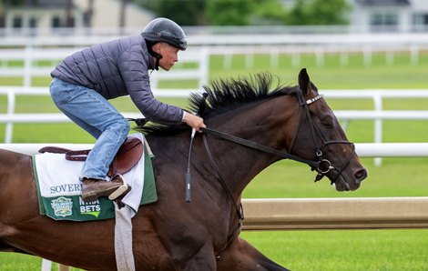 2025 Kentucky Derby winner Sovereignty with exercise rider Neil Poznansky put in his final work in preparations for the 225 Belmont Stakes for trainer Billy Mott this morning at the Oklahoma Training Track Sunday June 1 2025 in Saratoga Springs, N.Y. Photo  by Skip Dickstein