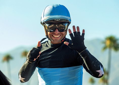 Jockey Umberto Rispoli won six races at Santa Anita Park on closing day<br>
of the Santa Anita Hollywood Meet on Sunday, June 15, 2025, Arcadia, CA.<br>
His wins:<br>
Race 1                CUBAN CONFUSION                $4.20<br>
Race 5                WORD PLAY (GB)                         $2.10<br>
Race 6                PAVLOVIAN                                     $5.40<br>
Race 8                HERO OR ZERO                            $5.60<br>
Race 10              PONY EXPRESS                            $6.80<br>
Race 11              BAD UNCLE BARRY                    $21.60</p>
<p>Benoit Photo