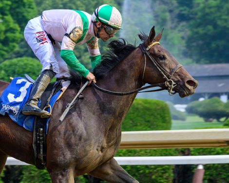 Saturday Flirt with Junior Alvarado wins the Soaring Softly (G3) at Saratoga Race Course on June 8, 2025.