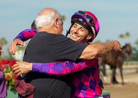 Owner Anthony Fanticola, left, has a big hug for jockey Antonio Fresu after Motorious won the Grade III $100,000 Daytona Stakes Saturday, June 14, 2025 at Santa Anita Park, Arcadia, CA.<br>
Benoit Photo