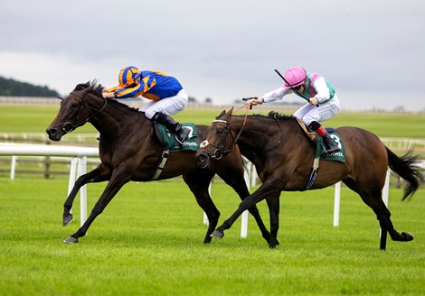 Whirl and Ryan Moore winning the Gr.1 Pretty Pollys Stakes from Kalpana<br>
The Curragh.<br>
Photo: Patrick McCann/Racing Post<br>
28.06.2025