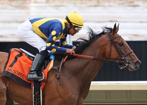 Majestic Oops #7 ridden to victory by Isaac Castillo won the $100,000 Lady's Secret Stakes at Monmouth Park on Saturday June 14, 2025.  Photo by Taylor Ejdys/EQUI-PHOTO