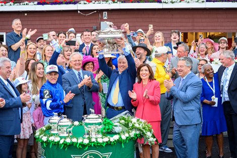 Sovereignty, with Junior Alvarado up, wins the Belmont Stakes (G1) at Saratoga Race Course in Saratoga Springs, New York, on June 7, 2025.