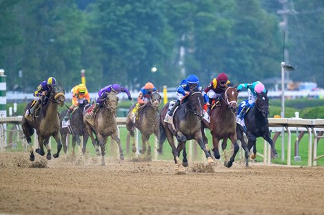 Sovereignty, with Junior Alvarado up, wins the Belmont Stakes (G1) at Saratoga Race Course in Saratoga Springs, New York, on June 7, 2025.