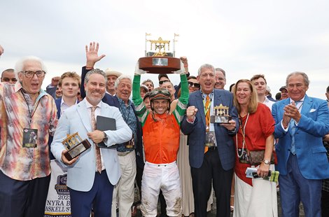 Journalism #2 with UImberto Rispoli riding won the $1,000,000 Grade I NYRA Bets Haskell Stakes at Monmouth Park Racetrack in Oceanport, NJ on Saturday July 19, 2025.  Photo By Bill Denver/EQUI-PHOTO