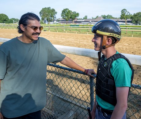 Jockeys agent Joe Santos, son of Hall of Fame jockey Jose Santos, left with jockey Christopher Elliott.at the Saratoga Race Course  Wednesday July 30, 2025  in Saratoga Springs, N.Y.  Skip Dickstein Photo