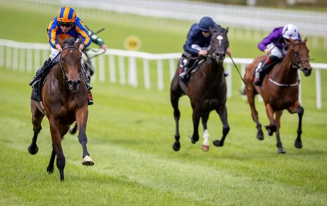 True Love and Ryan Moore wins the Railway Stakes Gr.2.<br>
The Curragh.<br>
Photo: Patrick McCann/Racing Post<br>
19.07.2025