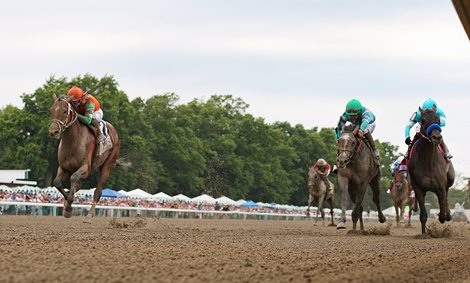 Journalism #2 with Jockey Umberto Risploi riding won the $1,000,000 Grade I NYRA Bets Haskell Stakes at Monmouth Park Racetrack in Oceanport, NJ on Saturday July 19, 2025.  Photo By Ryan Denver/EQUI-PHOTO
