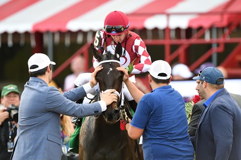 Fionn wins the 2025 Belmont Oaks Invitational Stakes at Saratoga Race Course