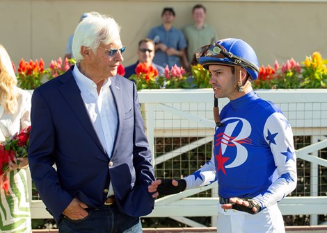 Baoma Corp.’s Nysos and jockey Flavien Prat win the Grade II $300,000 San Diego Handicap Saturday, July 26, 2025 at Del Mar Thoroughbred Club, Del Mar, CA.  Trainer Bob Baffert, left, and Prat share the moment.<br>
Benoit Photo