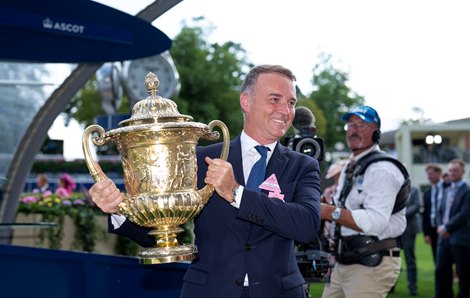 Francis-Henri Graffard with the King George trophy<br>
Ascot 26.7.25 Pic: Edward Whitaker