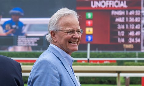 Trainer Bill Mott is jubilant after his trainee Sovereignty won the 82nd running of The Jim Dandy GII presented by Mohegan Sun at the Saratoga Race Course Saturday July 26, 2025  in Saratoga Springs, N.Y.  Skip Dickstein Photo