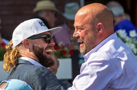 Icon Racing which is headed by former Phillies baseball player Jayson Werth, left  got his first win with the racing partnership with Sacred Goddess ridden by jockey Irad Ortiz Jr;,  shares in the jubilation with trainer Jeremiah C.Englehart in the sixth race at the Saratoga Race Course  Thursday July 17, 2025  in Saratoga Springs, N.Y.  Skip Dickstein photo