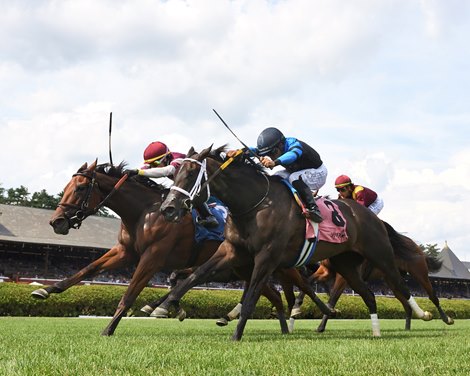Deep Satin wins the first division of the 2025 De La Rose Stakes at Saratoga Race Course
