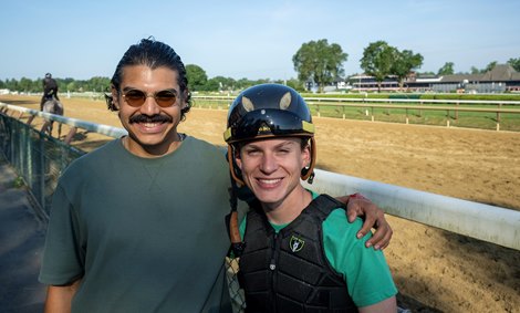 Jockeys agent Joe Santos, son of Hall of Fame jockey Jose Santos, left with jockey Christopher Elliott.at the Saratoga Race Course  Wednesday July 30, 2025  in Saratoga Springs, N.Y.  Skip Dickstein Photo