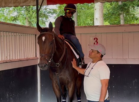 Jorge Abreu with Scottish Lassie as she paddock schools for the Coaching Club American Oaks at Saratoga Race Course