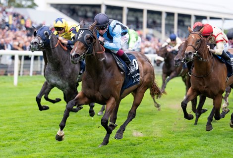 Asfoora (Oisin Murphy) wins the Nunthorpe<br>
York 22.8.25 Pic: Edward Whitaker