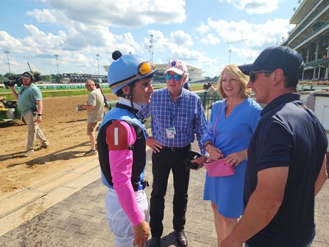 Steve and Denise Smith of Elements Racing at Churchill Downs for Meringue’s debut with trainer Rodolphe Brisset and jockey Luan Machado