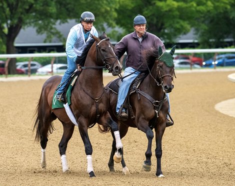 Sovereignty with regular exercise rider Neil Poznansky aboard is lead on the Oklahoma Training Center track by trainer Bill Mott on his final breeze before the Travers Stakes Saturday August 16,  2025 in Saratoga Springs, N.Y.  Skip Dickstein Photo
