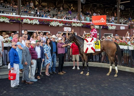 Jockey Jose Ortiz sits atop Nitrogen in the winner’s circle after winning the 145th running of The Alabama presented by Keeneland Sale leaves the gate at the Saratoga Race Course  Saturday August 16,  2025 in Saratoga Springs, N.Y.  Skip Dickstein Photo