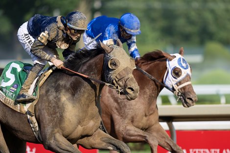 Jockey Flavien Prat urges #5  Sierra Leone on the way to the win in the 98th running of The Whitney at the Saratoga Race Course Saturday August 2,  2025 in Saratoga Springs, N.Y.  Skip Dickstein Photo