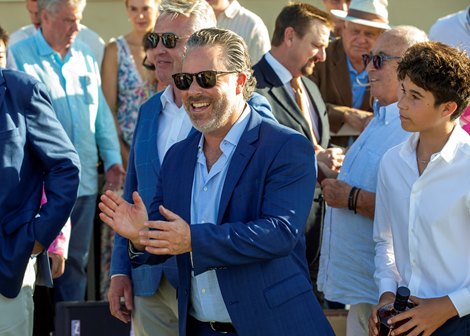 Eclipse Thoroughbred Partners’ Aron Wellman is all smiles after Velocity and jockey Ricardo Gonzalez spring an upset win in the Grade I Del Mar Oaks Saturday, August 16, 2025 at Del Mar Thoroughbred Club, Del Mar, CA. The three-year-old filly, trained by Michael McCarthy, overcame the favorites Lush Lips, second from right, and Thought Process, third from right for the win, and returned $72 for a $2 win bet. Benoit Photo Eclipse Thoroughbred Partners’ Aron Wellman is all smiles after Velocity and jockey Ricardo Gonzalez spring an upset win in the Grade I Del Mar Oaks Saturday, August 16, 2025 at Del Mar Thoroughbred Club, Del Mar, CA. The three-year-old filly, trained by Michael McCarthy, overcame the favorites Lush Lips, second from right, and Thought Process, third from right for the win, and returned $72 for a $2 win bet. Benoit Photo