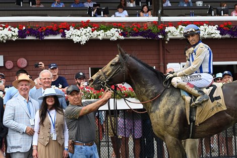 Parchment Party wins the 2025 Birdstone Stakes at Saratoga Race Course