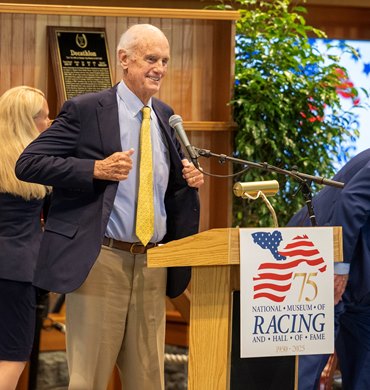 Arthur B. Hancock III receives the official sport coat of Hall inductee as a Pillar of The Turf at the Hall of Fame inductions held at the Fasig Tipton Sales Pavilion Friday August 1, 2025 in Saratoga Springs, N.Y.  Skip Dickstein Photo