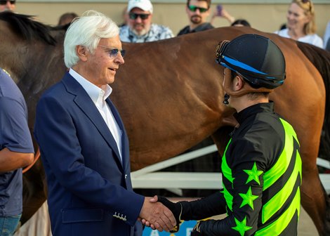 Trainer Bob Baffert, left, celebrates with jockey Juan Hernandes, right, in the winner's circle after Seismic Beauty's victory in the Grade I, $400,000 Clement L. Hirsch Stakes, Saturday, August 2, 2025 at Del Mar Thoroughbred Club, Del Mar CA.<br><br />
© BENOIT PHOTO