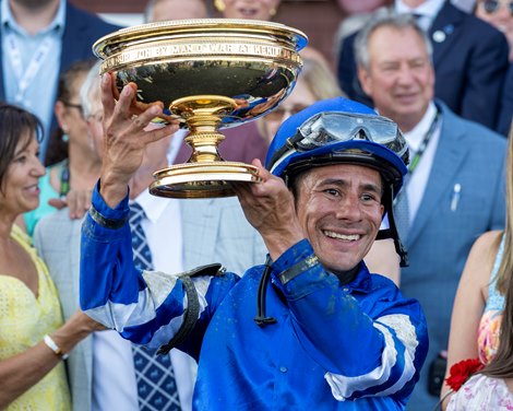 {Junior Alvarado} Sovereignty with Junior Alvarado wins the DraftKings Travers S. (Grade I) at Saratoga Race Course in Saratoga Springs, NY., on August 23rd, 2025.