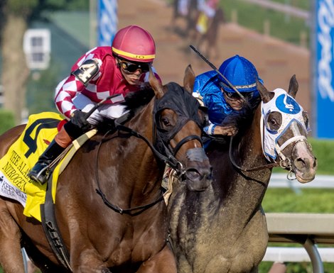 Nitrogen with jockey Jose Ortiz #4 out duels Good Cheer with jockey Luis Suez to win in the 145th running of The Alabama presented by Keeneland Sale leaves the gate at the Saratoga Race Course  Saturday August 16,  2025 in Saratoga Springs, N.Y.  Skip Dickstein Photo