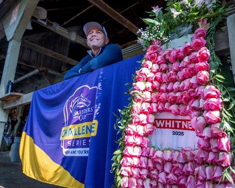Trainer and Mechanicville native Chad Brown is enjoys a great moment at his barn on the Oklahoma Training Center this Sunday August. 3, 2025  as he thinks of his trainee Sierra Leone who won the 98th running of The Whitney yesterday at the Saratoga Race Course in Saratoga Springs, N.Y.  Skip Dickstein Photo