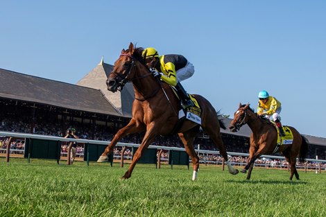 Laurelin and Kenrick Camouche win the G1 Fasig-Tipton Saratoga Oaks Invitational , Saratoga Racecourse, Aug. 9th, 2025, Mathea Kelley