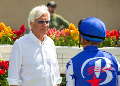 Trainer Bob Baffert, left, celebrates with jockey Juan Hernandez, right, in the winner's circlef afer Himika's victory in the Grade III, $150,000 Sorrento Stakes, Sunday, August 10, 2025 at Del Mar Thoroughbred Club, Del Mar CA. © BENOIT PHOTO