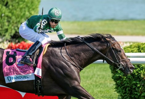 Jockey Kendrick Carmouche celebrates on Deterministic after winning the 41st running of The Fanduel Fourstardave at the Saratoga Race Course Saturday August 2, 2025 in Saratoga Springs, N.Y.  Photo by Skip Dickstein