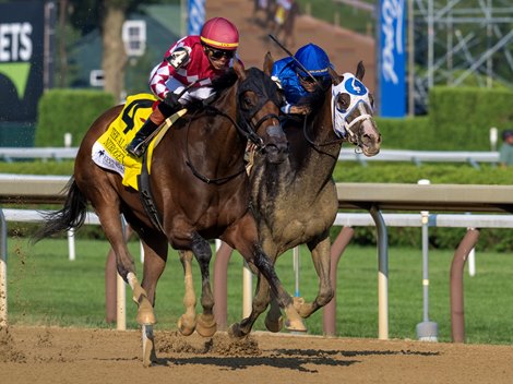 Nitrogen with jockey Jose Ortiz #4 out duels Good Cheer with jockey Luis Suez to win in the 145th running of The Alabama presented by Keeneland Sale leaves the gate at the Saratoga Race Course  Saturday August 16,  2025 in Saratoga Springs, N.Y.  Skip Dickstein Photo