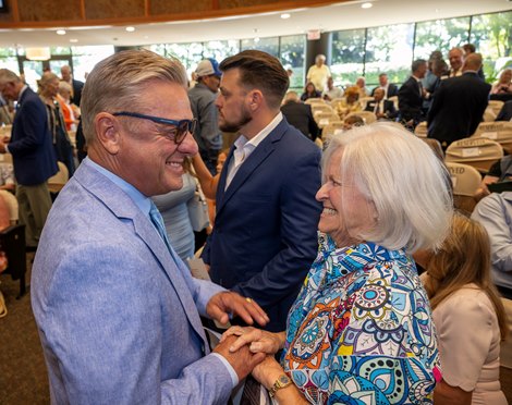 Trainer John Servis and owner Pat Chapman were reunited for the installing of their horse Smarty Jones at the Hall of Fame inductions held at the Fasig Tipton Sales Pavilion Friday August 1, 2025 in Saratoga Springs, N.Y.  Skip Dickstein Photo