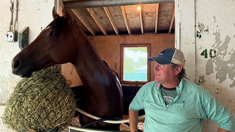 Trainer Derek Ryan with Book'em Danno the morning after winning the Forego Stakes