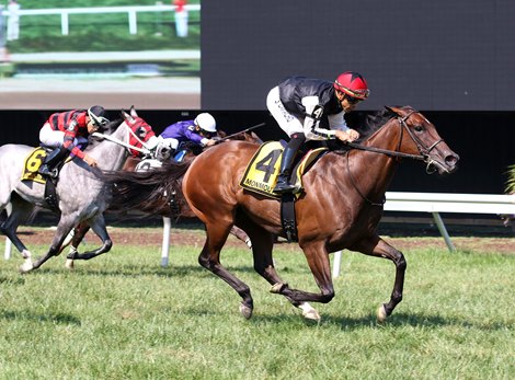 Love Appeals #4 with Samy Camacho riding won the $100,000 Incredible Revenge Stakes at Monmouth Park Racetrack in Oceanport, NJ on Sunday 8/3/25. Photo By Grace Harney/EQUI-PHOTO