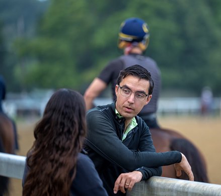 Trainer Miguel Clement speaks to Dr. Bonnie Commerford on the Oklahoma Training track adjacent to the Saratoga Race Course Thursday Aug.7, 2025 in Saratoga Springs, N.Y.  Skip Dickstein Photo
