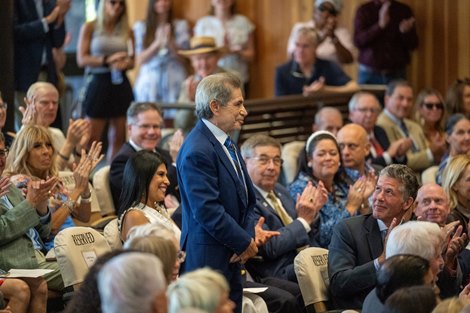 Popular Hall of Fame jockey Laffit Pincay Jr. is recognized at the Hall of Fame inductions held at the Fasig Tipton Sales Pavilion Friday August 1, 2025 in Saratoga Springs, N.Y.  Skip Dickstein Photo