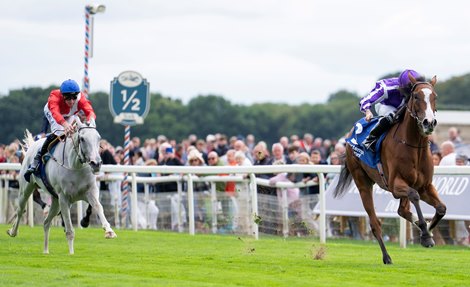 Minnie Hauk (Ryan Moore) beats Estrange in the Yorkshire Oaks<br>
York 21.8.25 Pic: Edward Whitaker