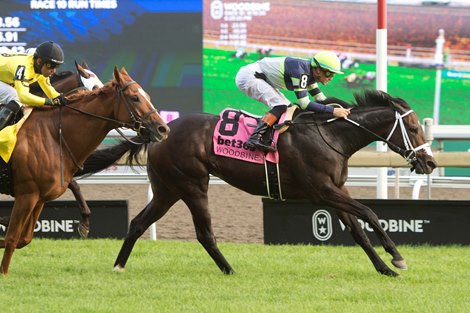 Jockey Flavien Prat guides Gas Me Up to victory in the morning $200,000 (Grade II) King Edward Stakes at Woodbine. Woodbine/Michael Burns Photo
