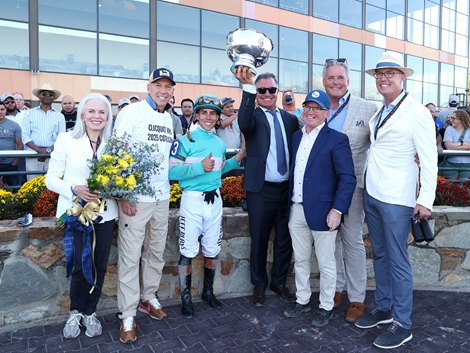 Co-Owner Donato Lanni holds up the Cotillion Stakes Trophy after Clicquot #3 with Irad Ortiz, Jr. riding won the $1,000,000 Grade I Cotillion Stakes  at Parx Racing in Bensalem, PA on Saturday September 20, 2025.  Photo by Bill Denver/EQUI-PHOTO.