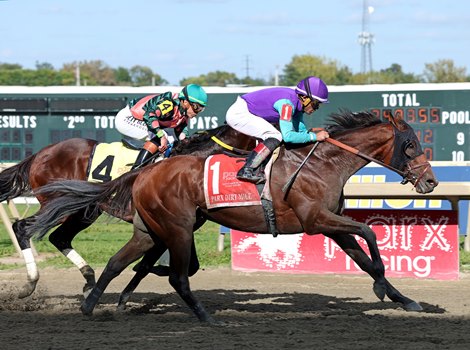 Nelson Avenue with Joel Rosario riding won the $300,000 Parx Dirt Mile at Parx Racing in Bensalem, PA on Saturday September 20, 2025.  Photo by Bill Denver/EQUI-PHOTO.
