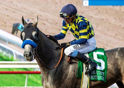 Natalie 'Jill' Baffert's Bottle of Rouge and hall of fame jockey Mike Smith  beat favored stablemate Explora (Juan Hernandez up) in the Grade I $300,000 Del Mar Debutante Saturday, September 6, 2025, at Del Mar Thoroughbred Club, Del Mar, CA.  Both fillies are trained by Baffert's husband, Bob Baffert.<br>
Benoit Photo